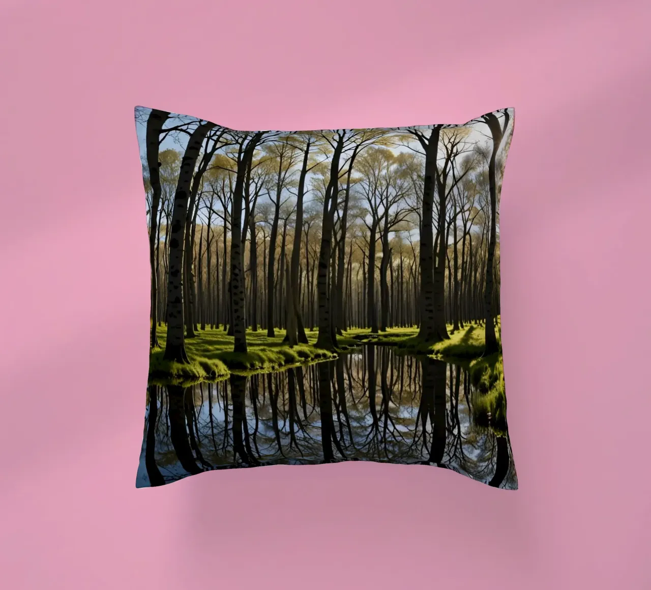 paesaggio forestale tranquillo con laghetto riflettente cuscino da DesignDoodle