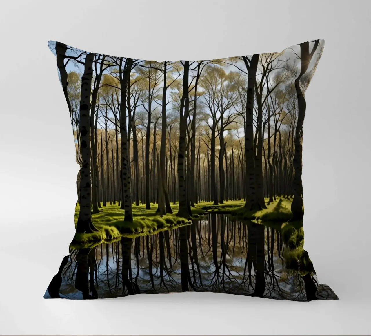 paesaggio forestale tranquillo con laghetto riflettente cuscino da DesignDoodle