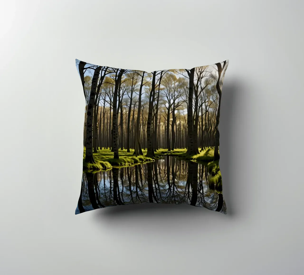 paesaggio forestale tranquillo con laghetto riflettente cuscino da DesignDoodle