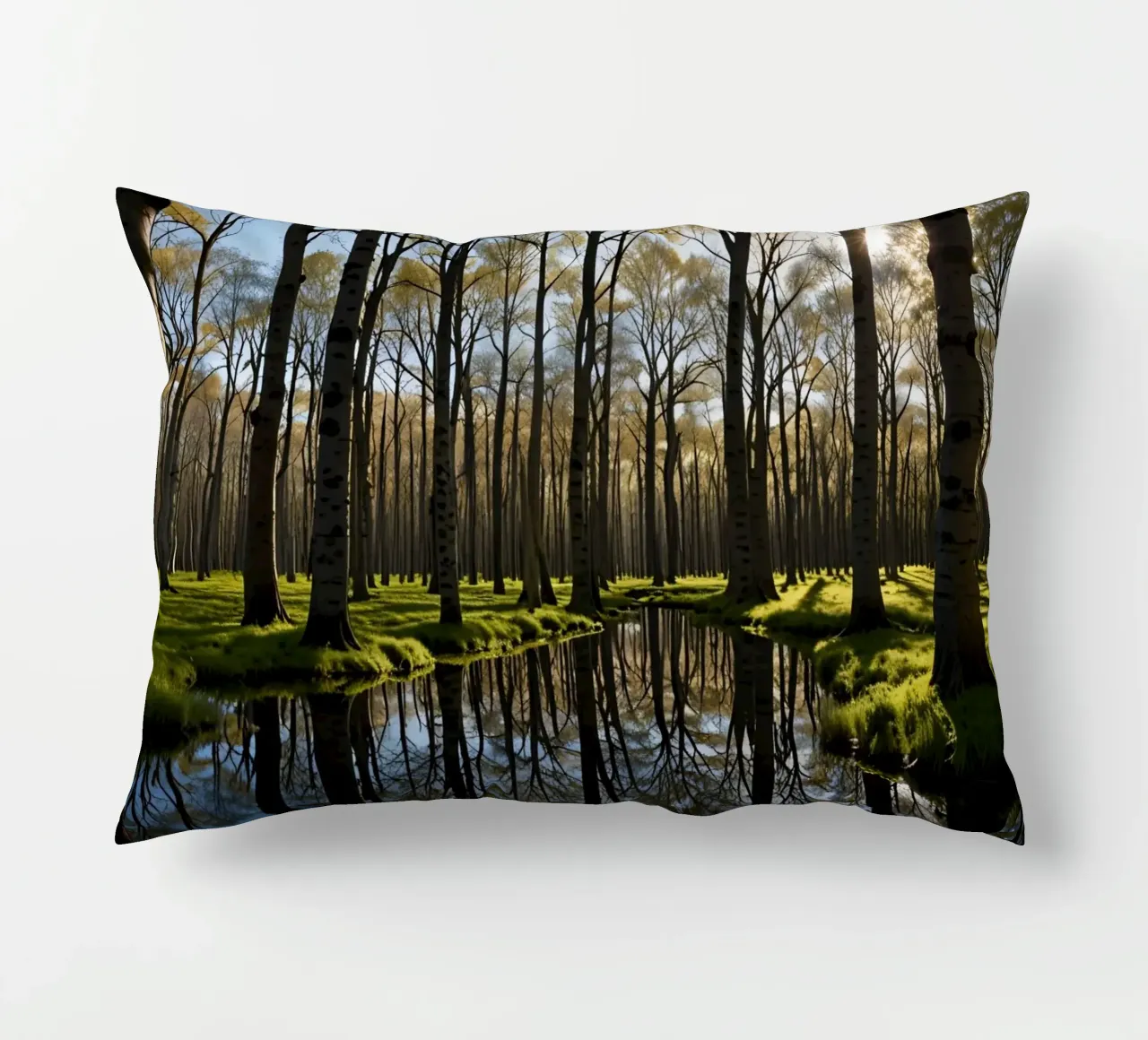 paesaggio forestale tranquillo con laghetto riflettente cuscino da DesignDoodle
