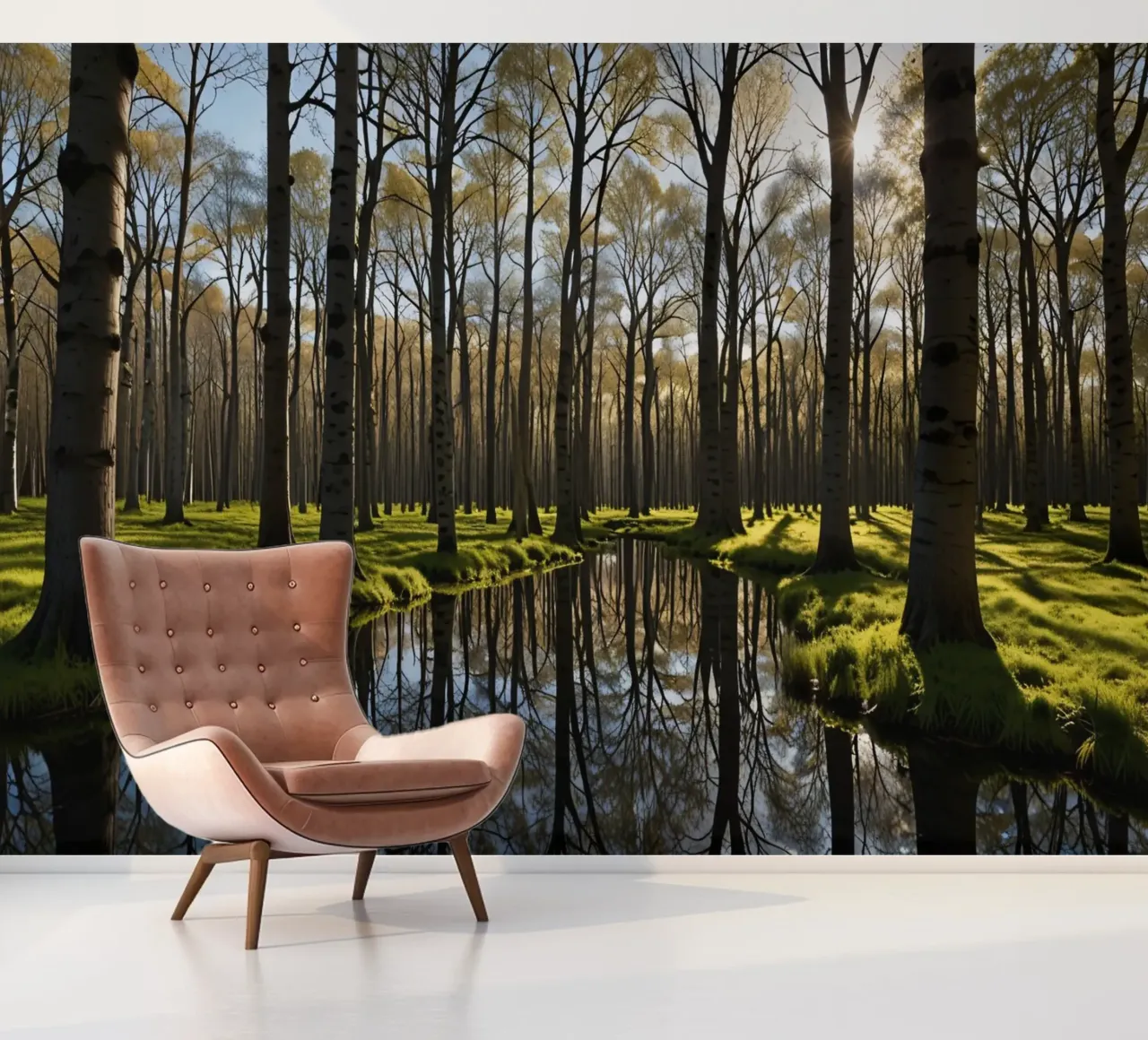 paysage forestier calme avec étang réfléchissant papier peint photo de DesignDoodle
