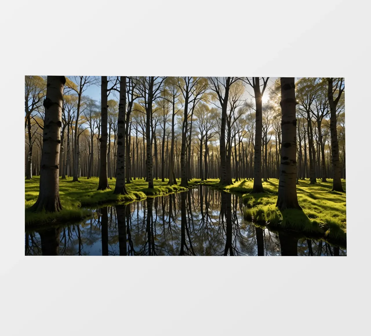 paysage forestier calme avec étang réfléchissant papier peint photo de DesignDoodle