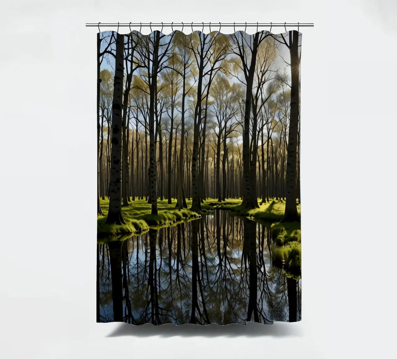 rustig boslandschap met reflecterende vijver douchegordijn van DesignDoodle
