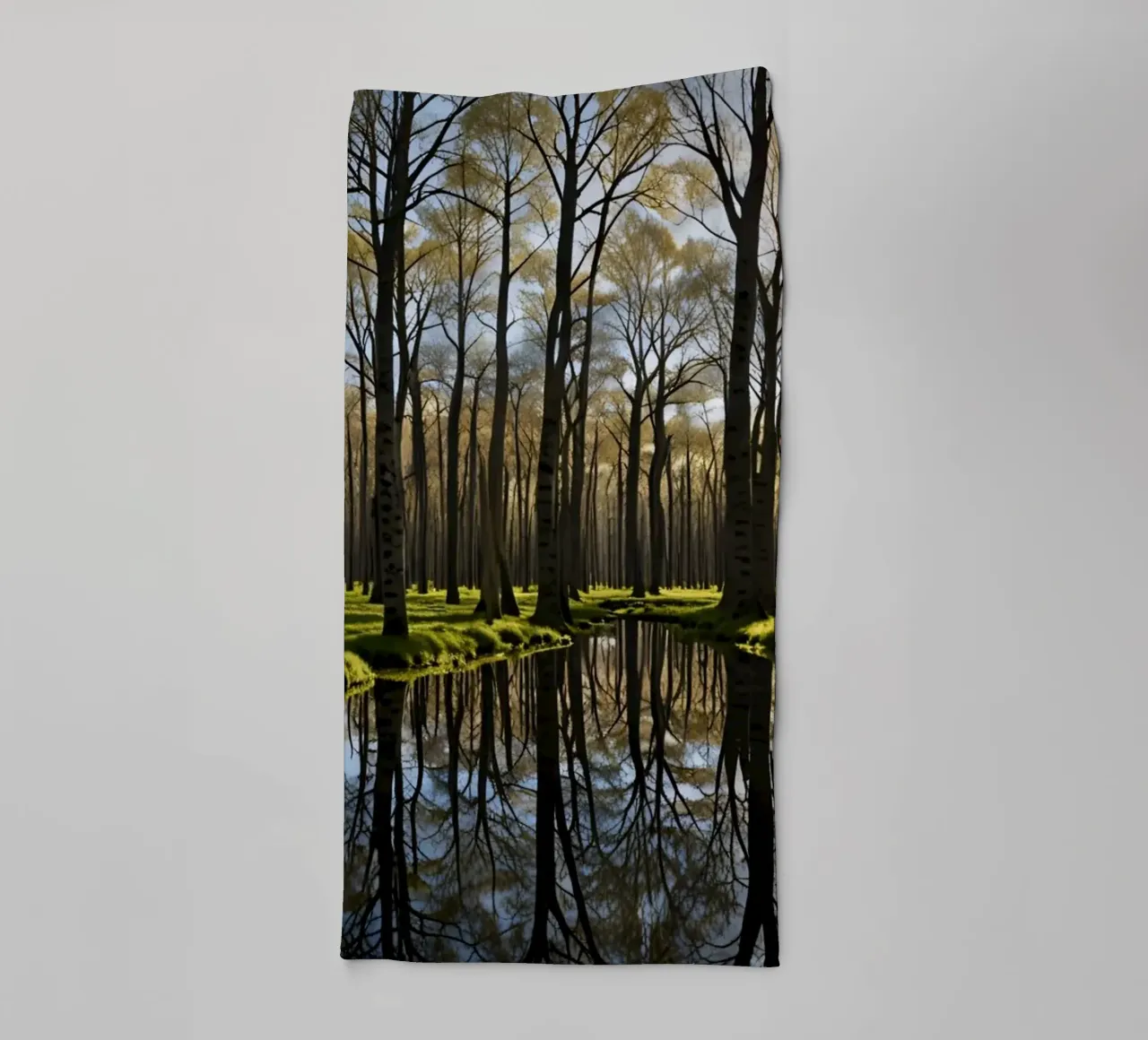 rustig boslandschap met reflecterende vijver badhanddoek van DesignDoodle