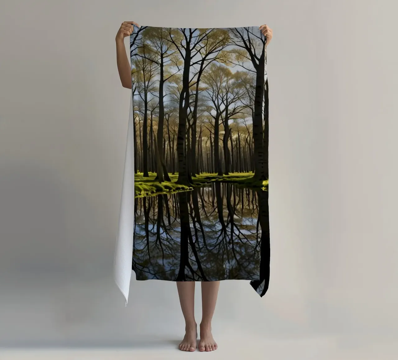 paesaggio forestale tranquillo con laghetto riflettente telo mare da DesignDoodle