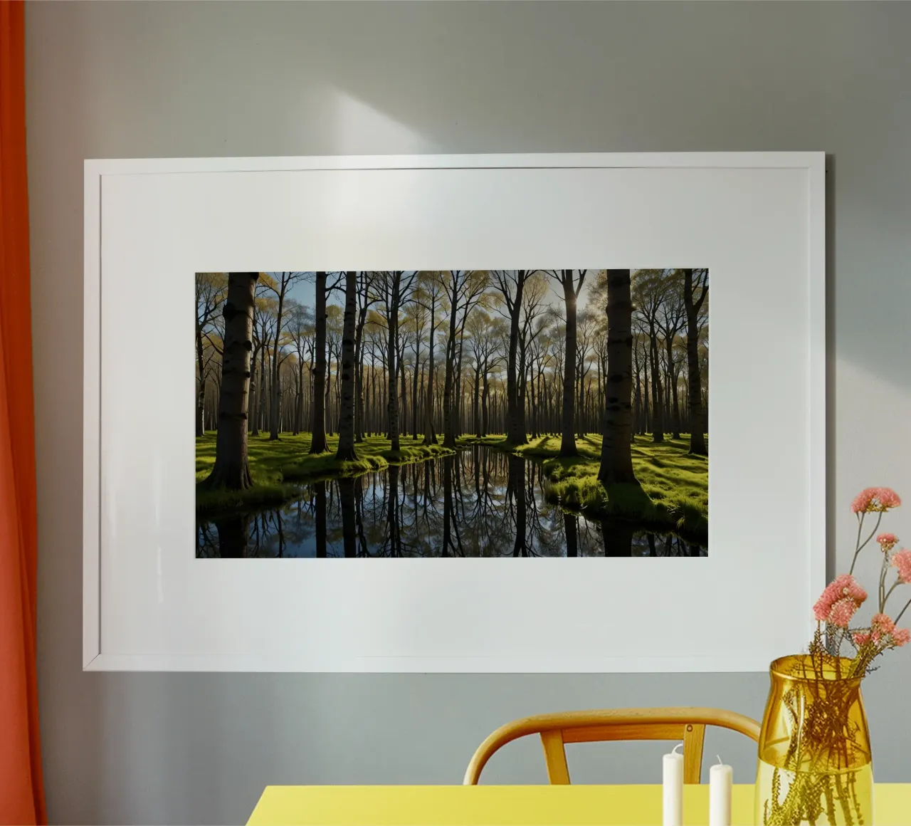 rustig boslandschap met reflecterende vijver hahnemühle van DesignDoodle