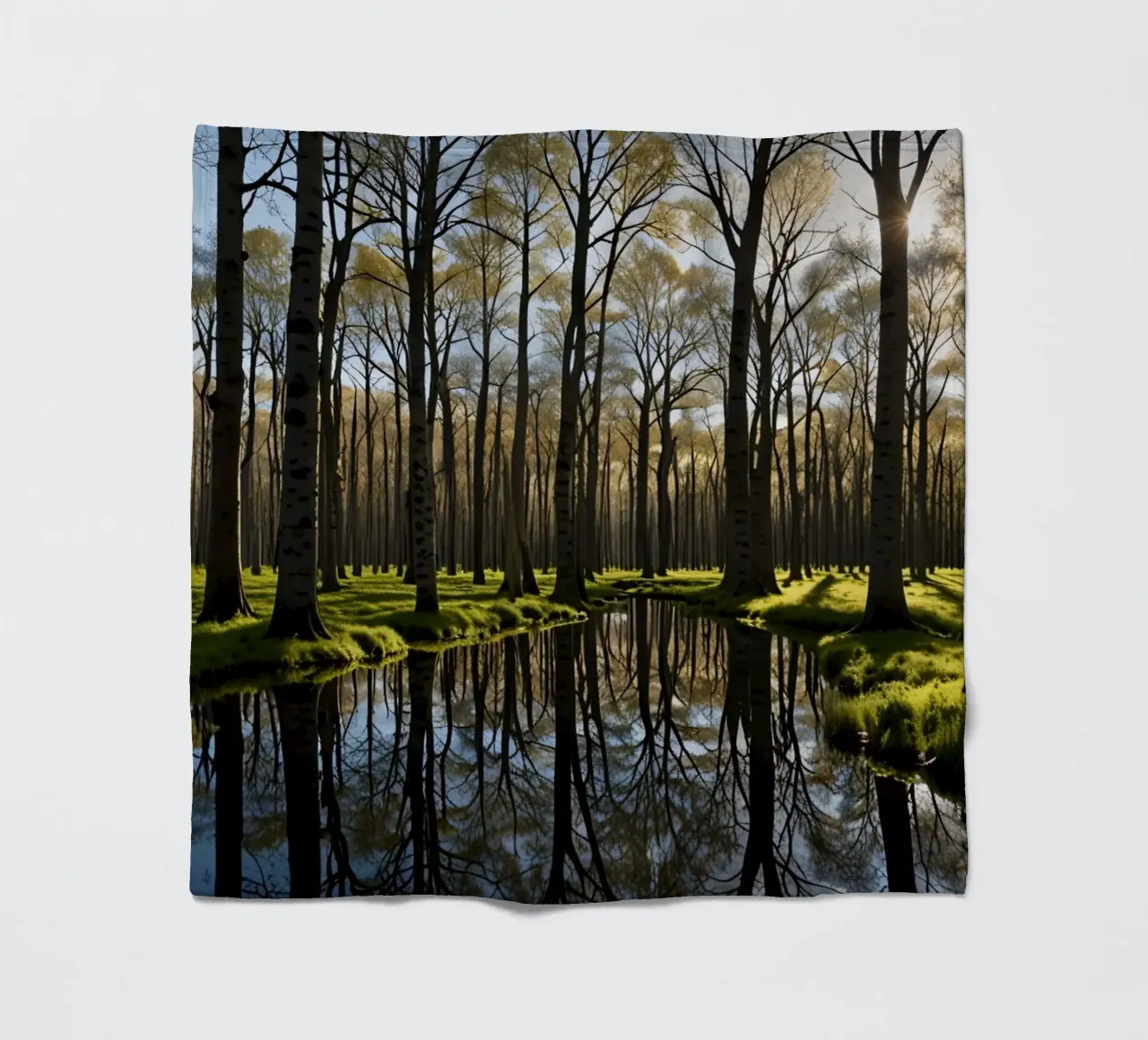rustig boslandschap met reflecterende vijver fleecedeken van DesignDoodle
