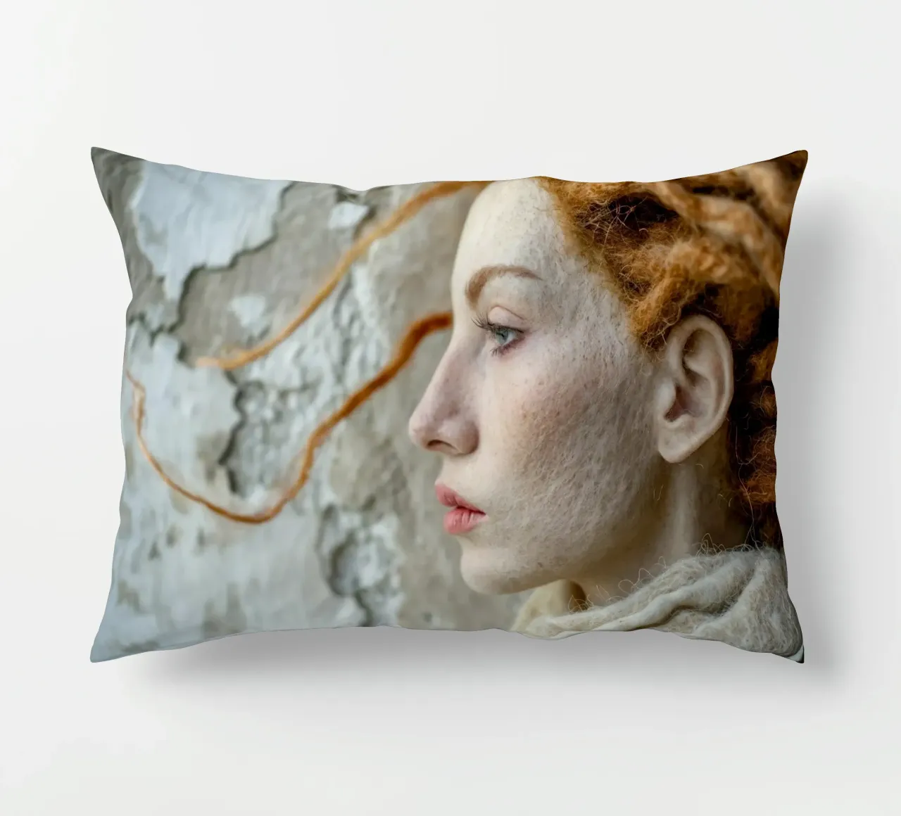 Scultura in lana con capelli rossi di profilo cuscino da Lisa Artifexia