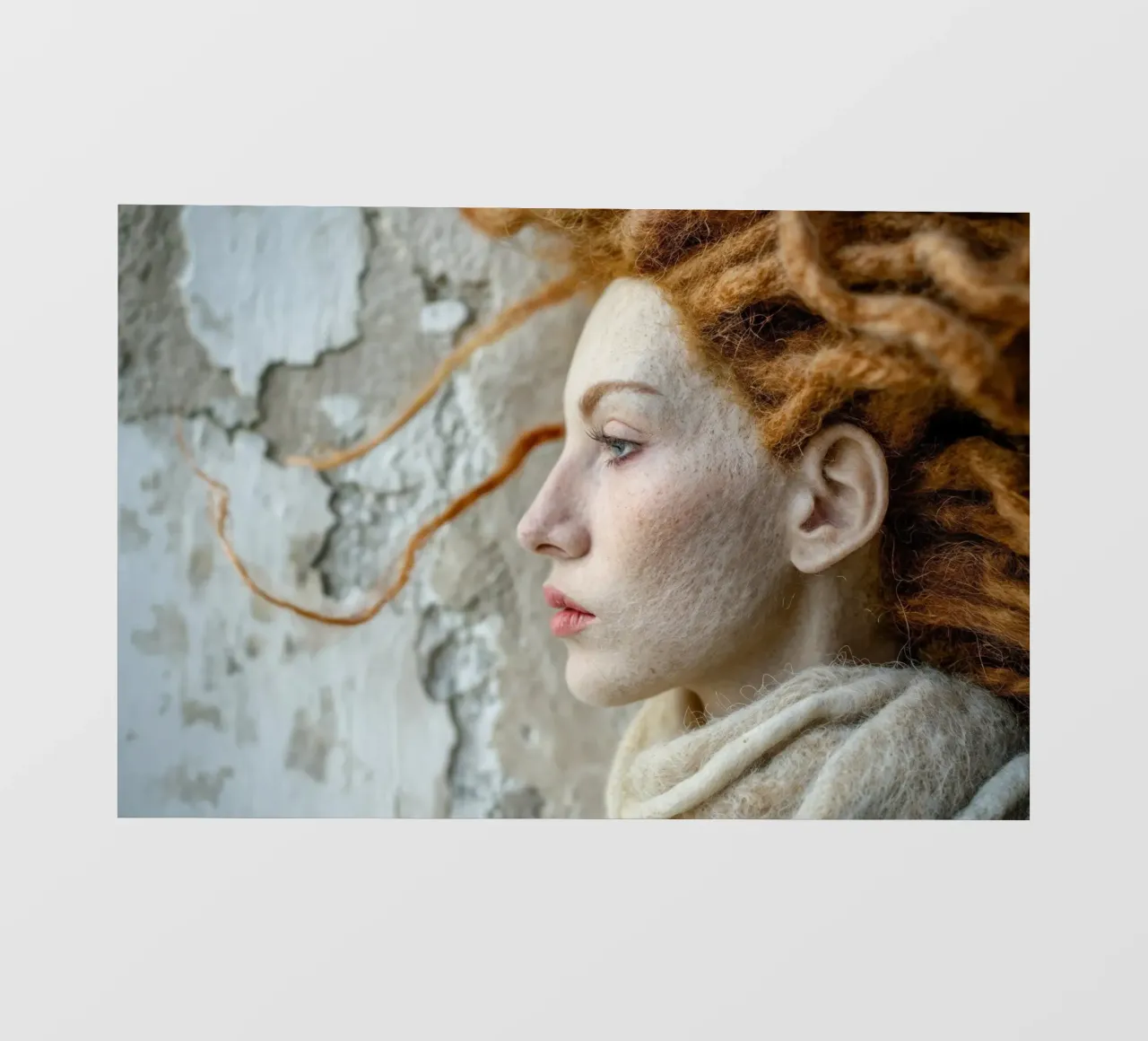 Scultura in lana con capelli rossi di profilo pellicola backlit da Lisa Artifexia