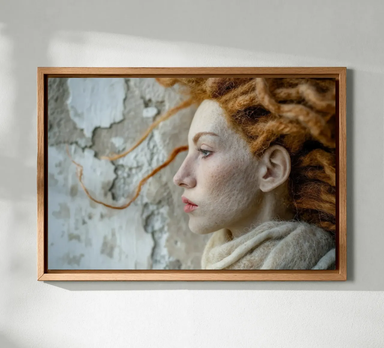 Scultura in lana con capelli rossi di profilo alluminio dibond da Lisa Artifexia