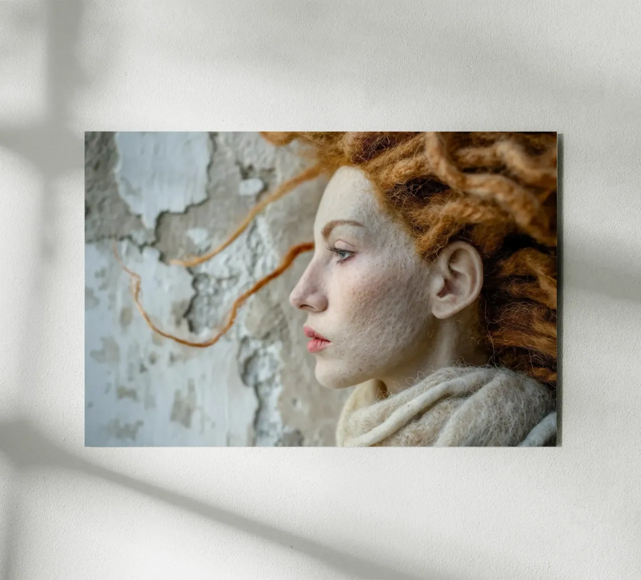 Scultura in lana con capelli rossi di profilo alluminio dibond da Lisa Artifexia