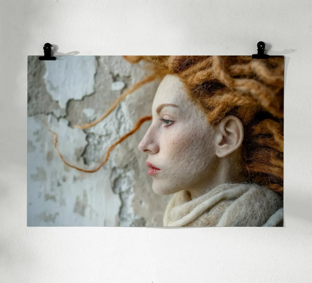 Wollen sculptuur met rood haar in profiel poster met houten frame van Lisa Artifexia