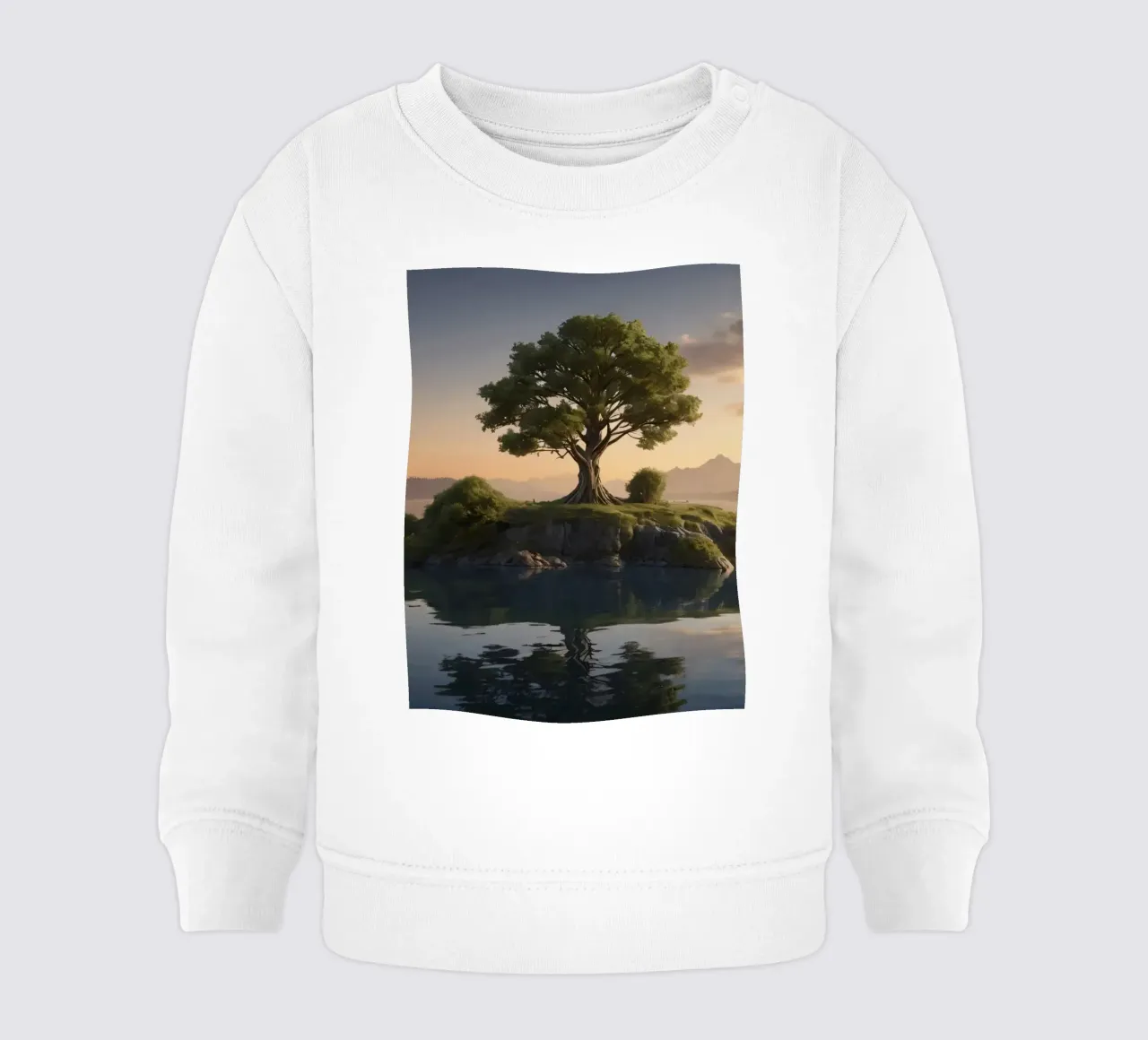 Una vista mattutina di un albero solitario in cima a una piccola isola felpa neonato da DesignDoodle