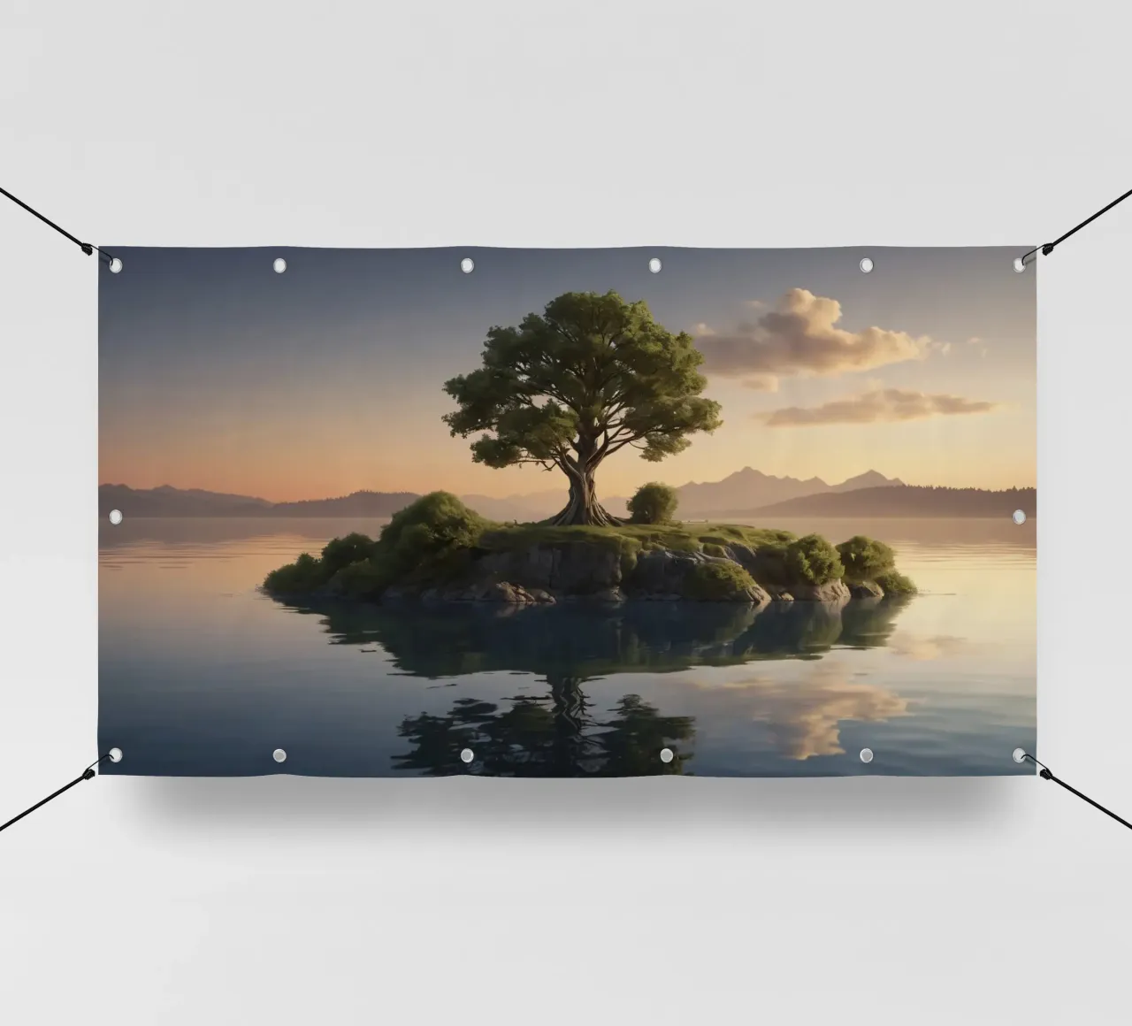 Una vista mattutina di un albero solitario in cima a una piccola isola telo in pvc da DesignDoodle