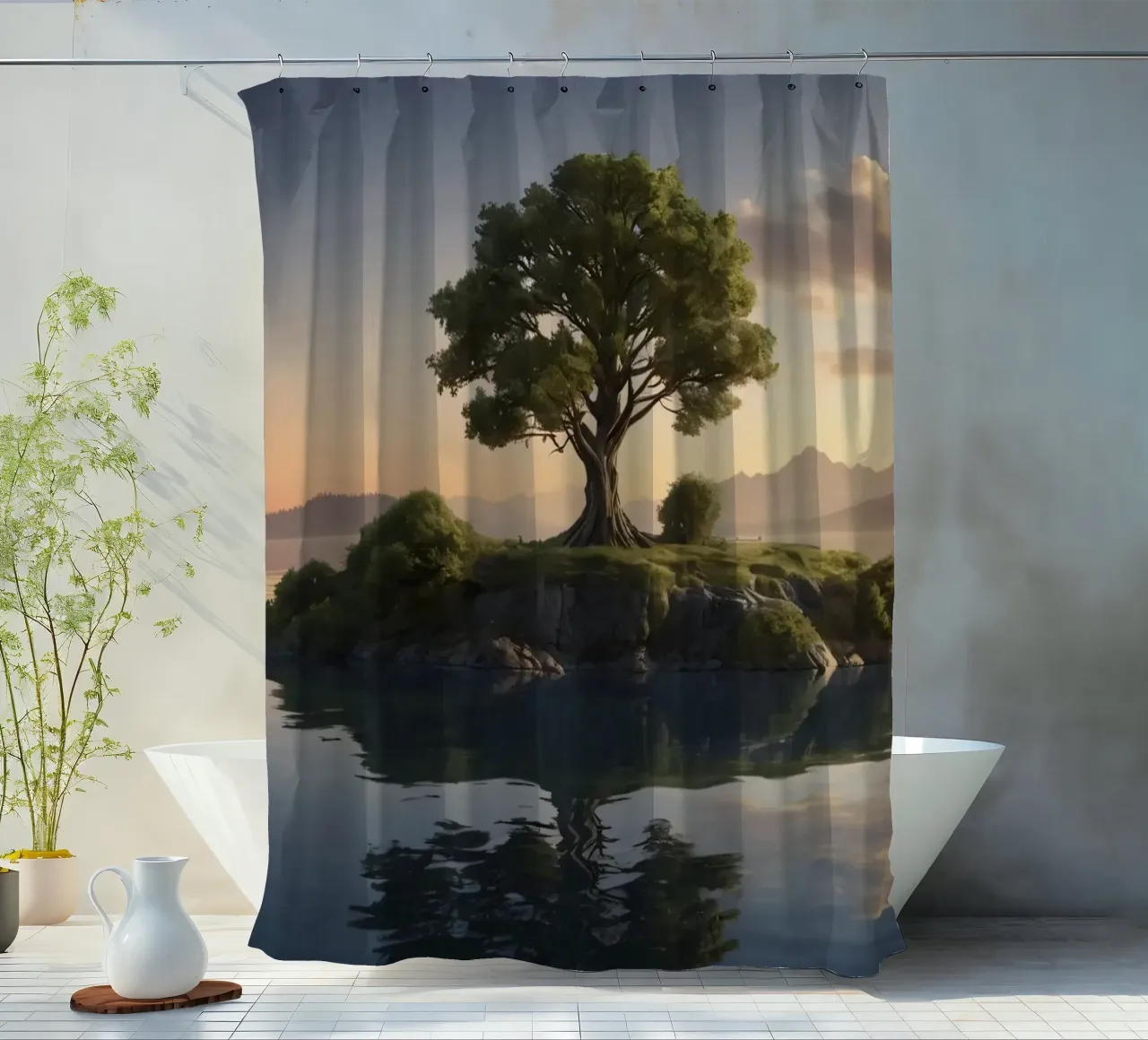 Una vista mattutina di un albero solitario in cima a una piccola isola tenda da doccia da DesignDoodle