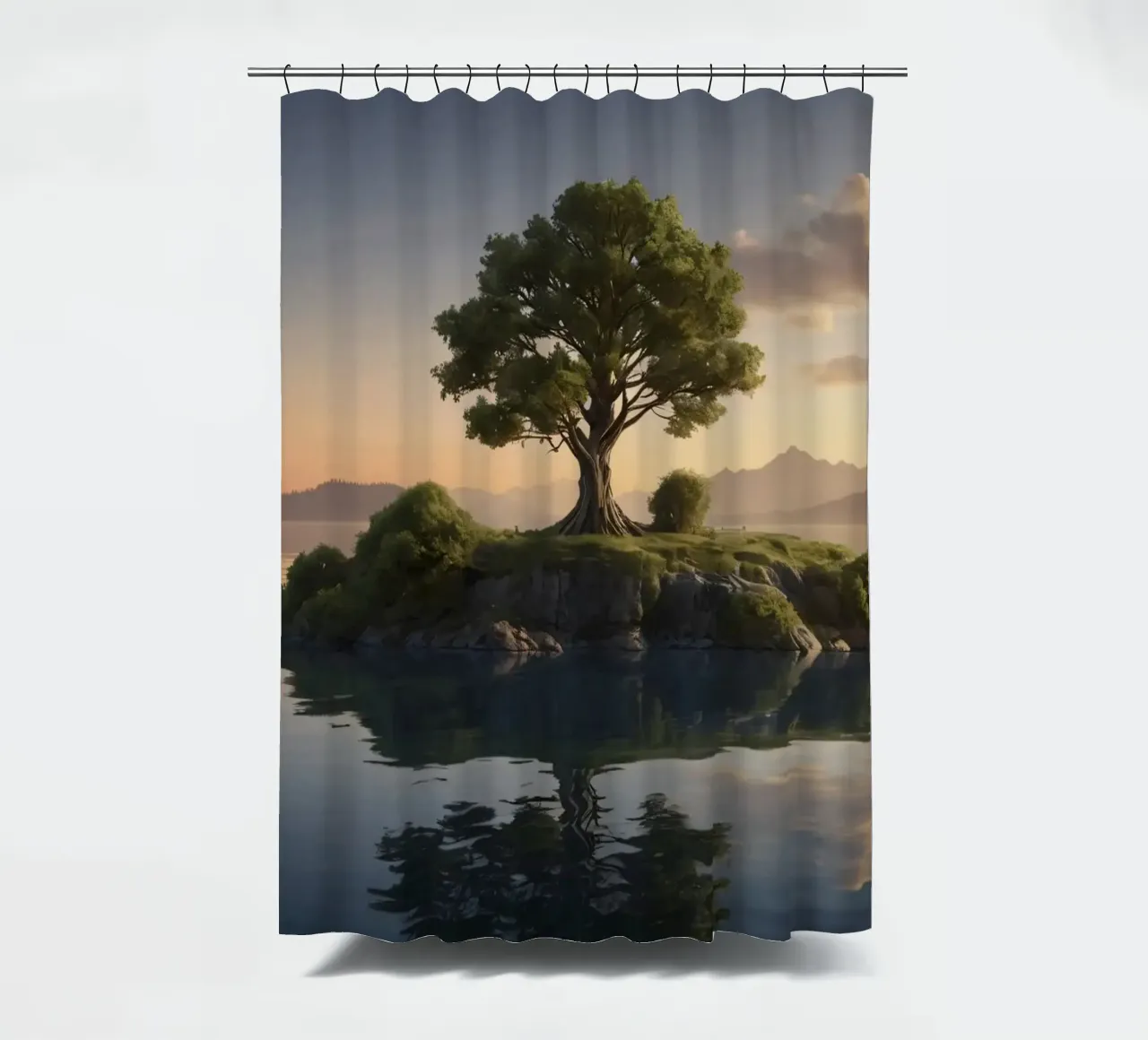 Una vista mattutina di un albero solitario in cima a una piccola isola tenda da doccia da DesignDoodle