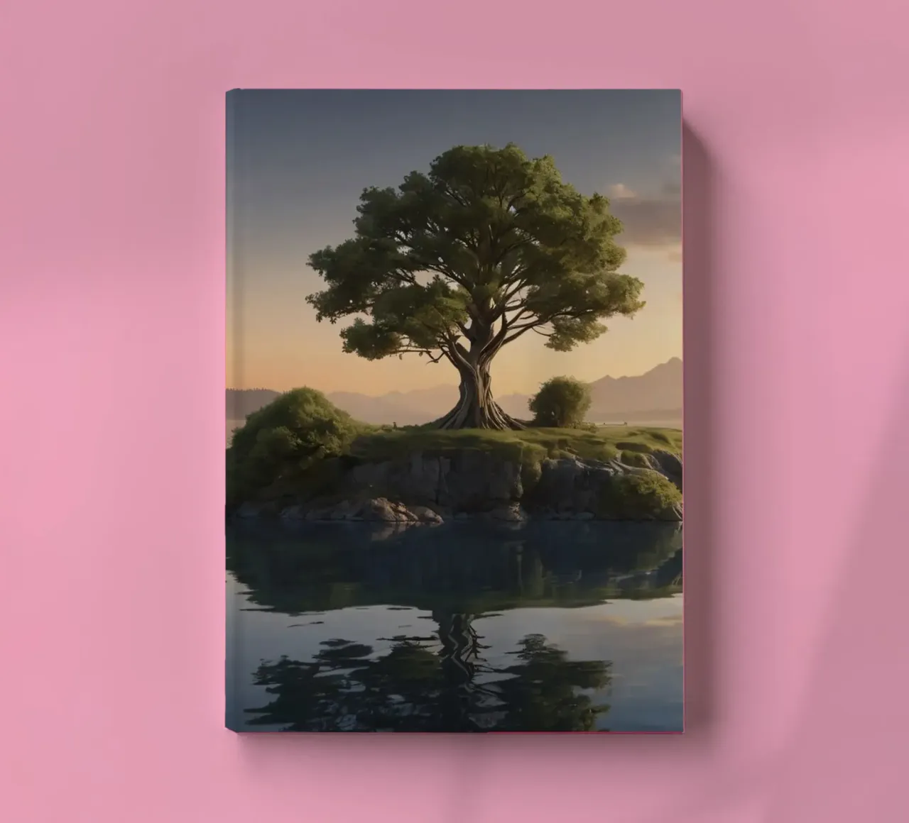 Vue matinale d'un arbre solitaire au sommet d'une petite île carnet de notes de DesignDoodle