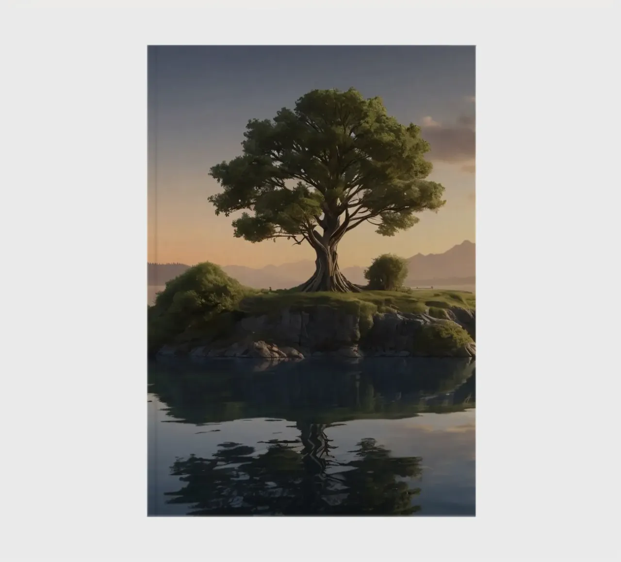 Vue matinale d'un arbre solitaire au sommet d'une petite île carnet de notes de DesignDoodle
