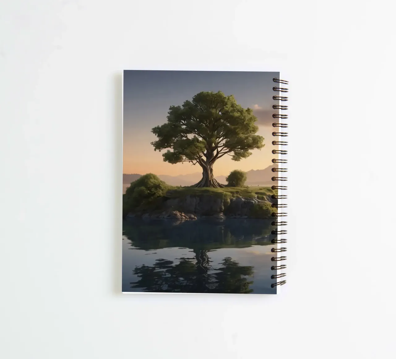 Vue matinale d'un arbre solitaire au sommet d'une petite île carnet à spirale de DesignDoodle