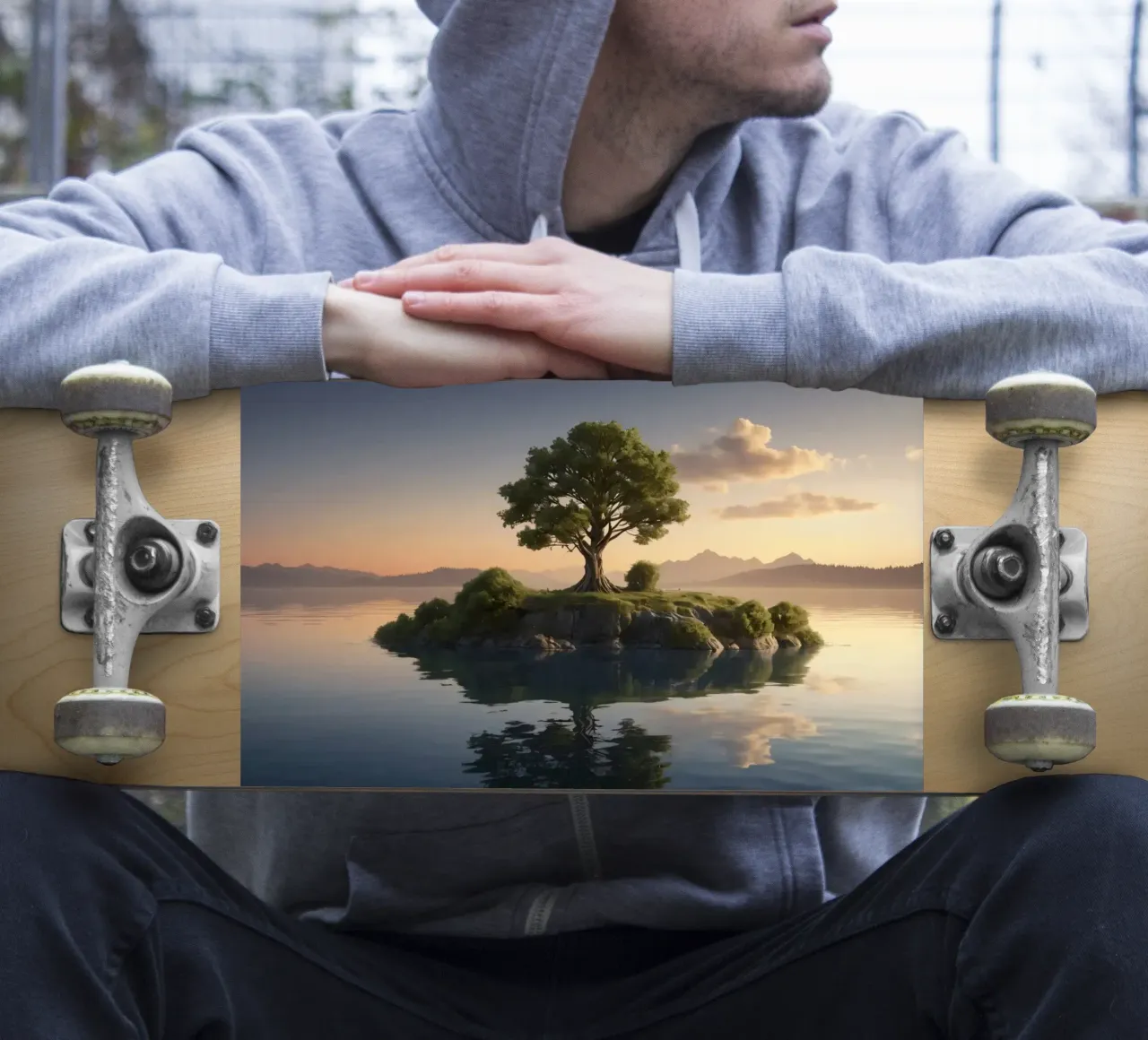 Vue matinale d'un arbre solitaire au sommet d'une petite île autocollant de DesignDoodle