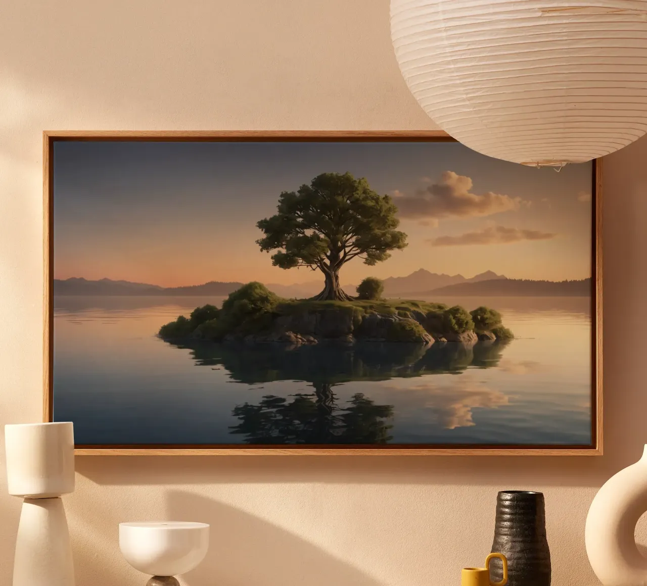 Una vista mattutina di un albero solitario in cima a una piccola isola tela da DesignDoodle