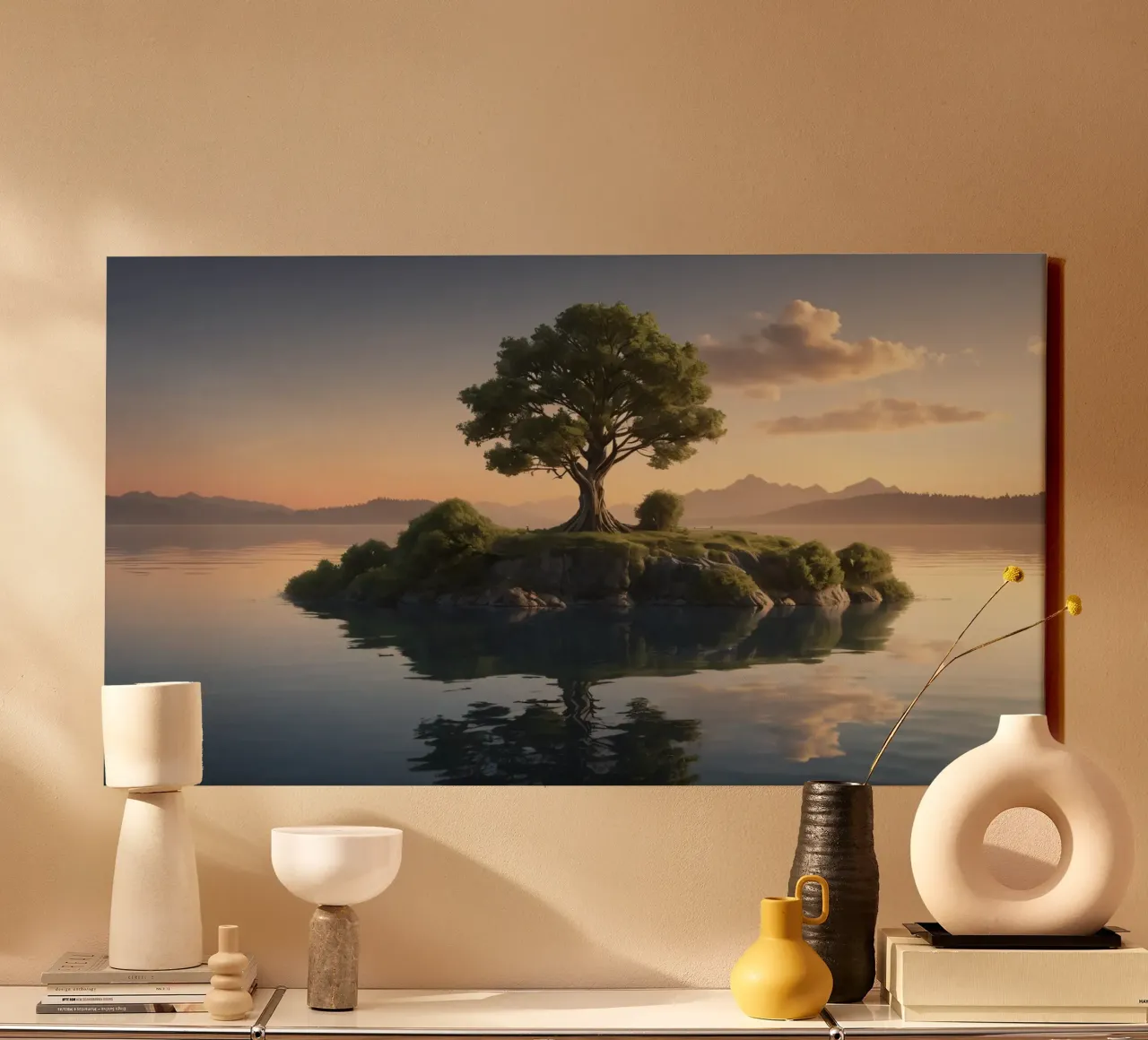 Una vista mattutina di un albero solitario in cima a una piccola isola tela da DesignDoodle