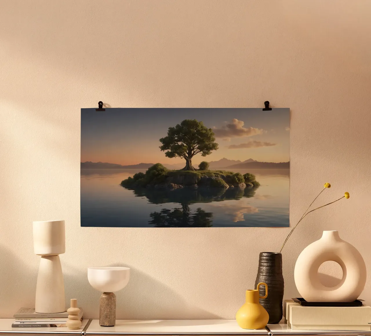 Vue matinale d'un arbre solitaire au sommet d'une petite île hahnemühle de DesignDoodle