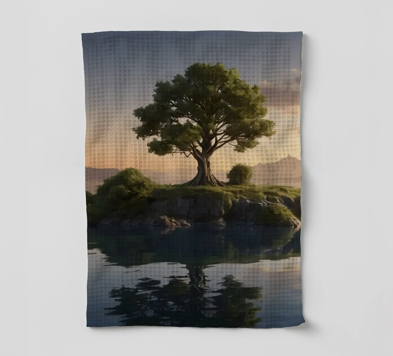 Una vista mattutina di un albero solitario in cima a una piccola isola canovaccio da cucina da DesignDoodle