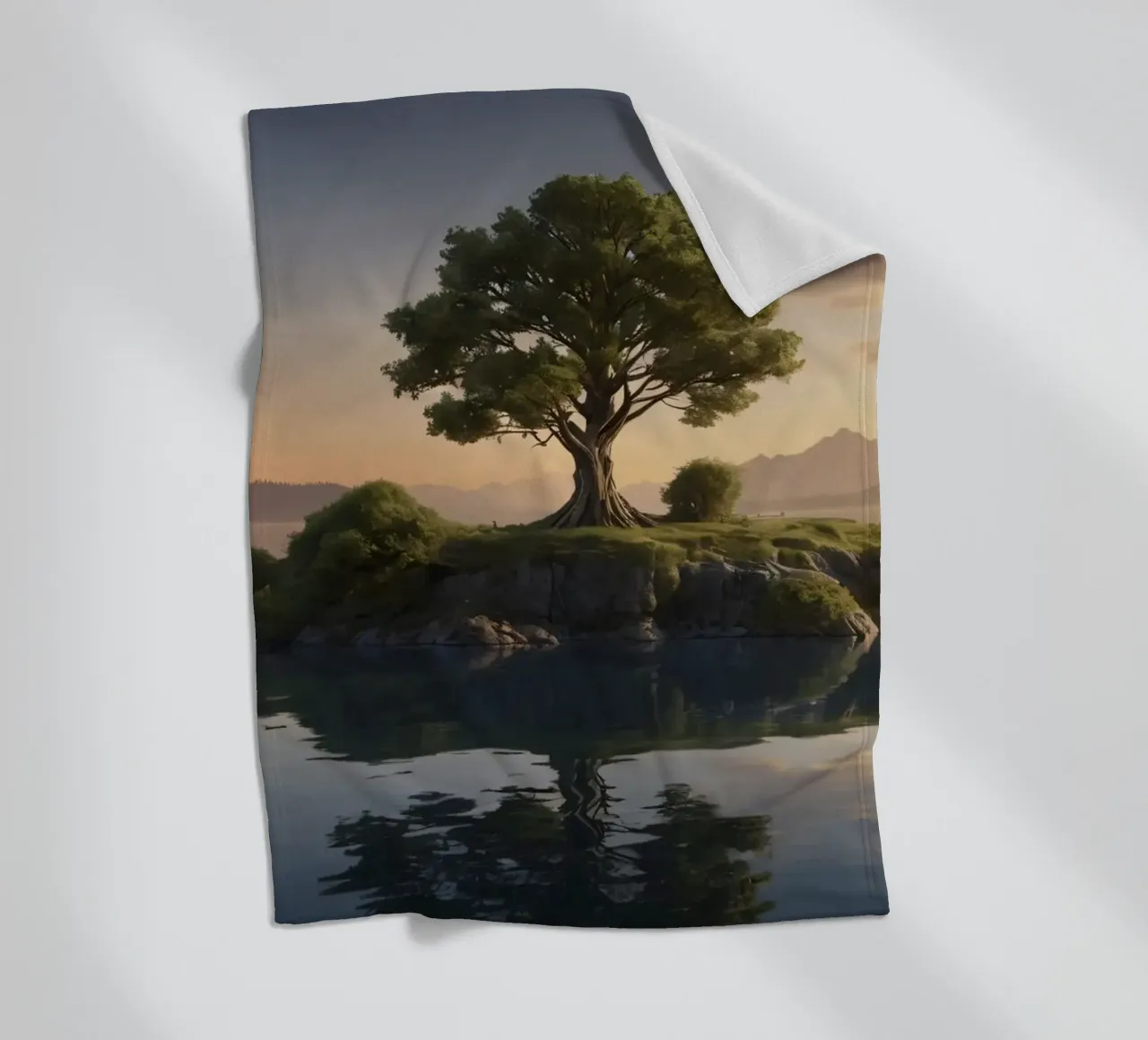 Una vista mattutina di un albero solitario in cima a una piccola isola coperta in pile da DesignDoodle