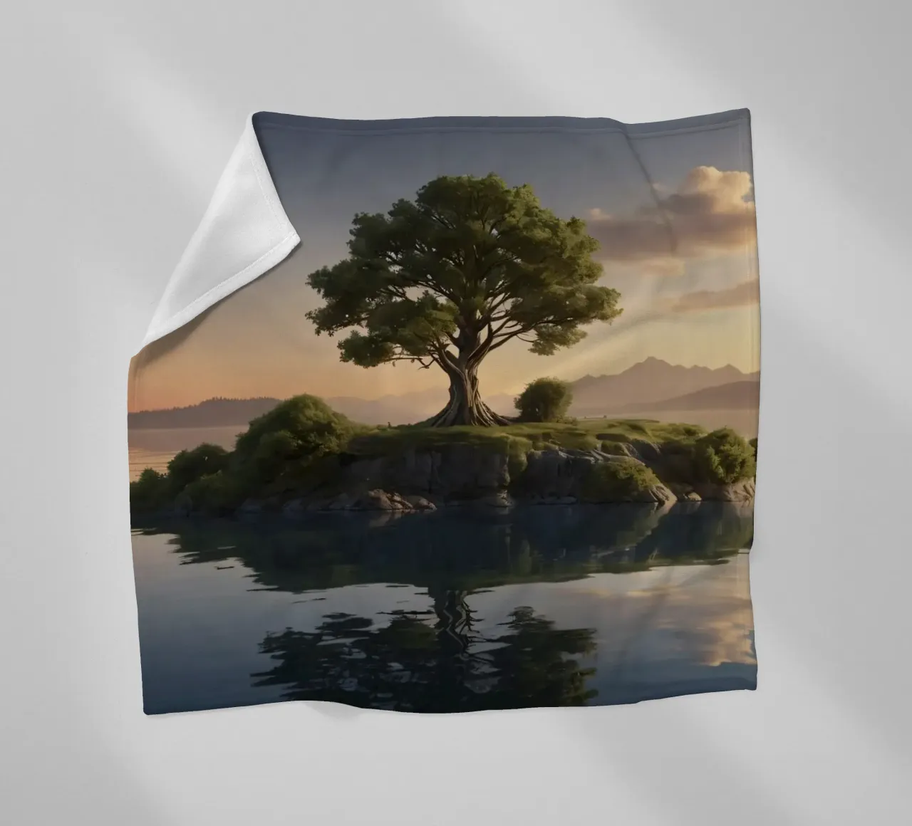 Una vista mattutina di un albero solitario in cima a una piccola isola coperta in pile da DesignDoodle