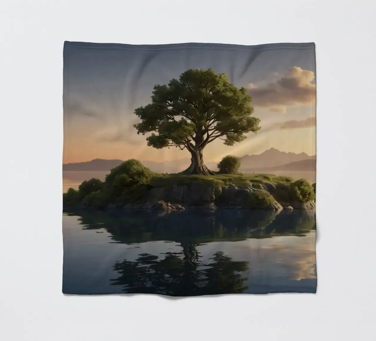 Una vista mattutina di un albero solitario in cima a una piccola isola coperta in pile da DesignDoodle