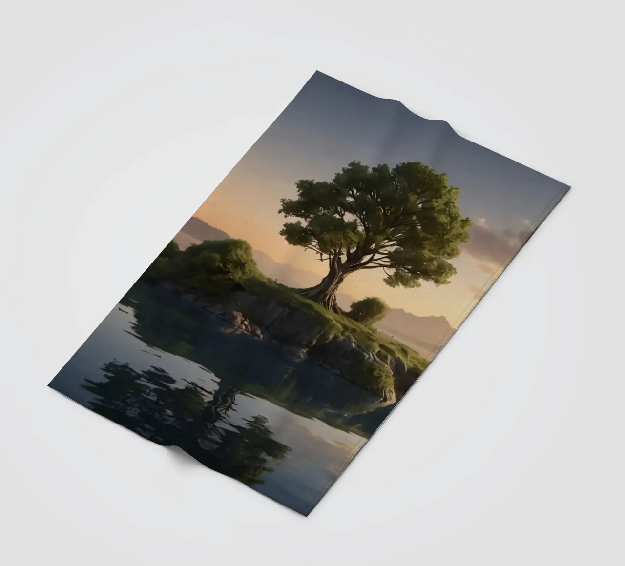 Una vista mattutina di un albero solitario in cima a una piccola isola coperta in pile da DesignDoodle