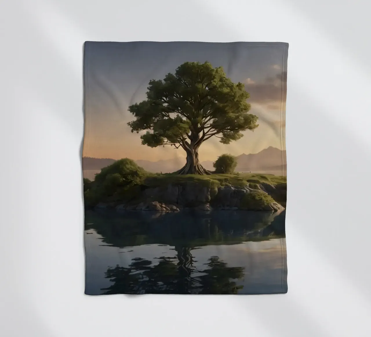 Una vista mattutina di un albero solitario in cima a una piccola isola coperta in pile da DesignDoodle