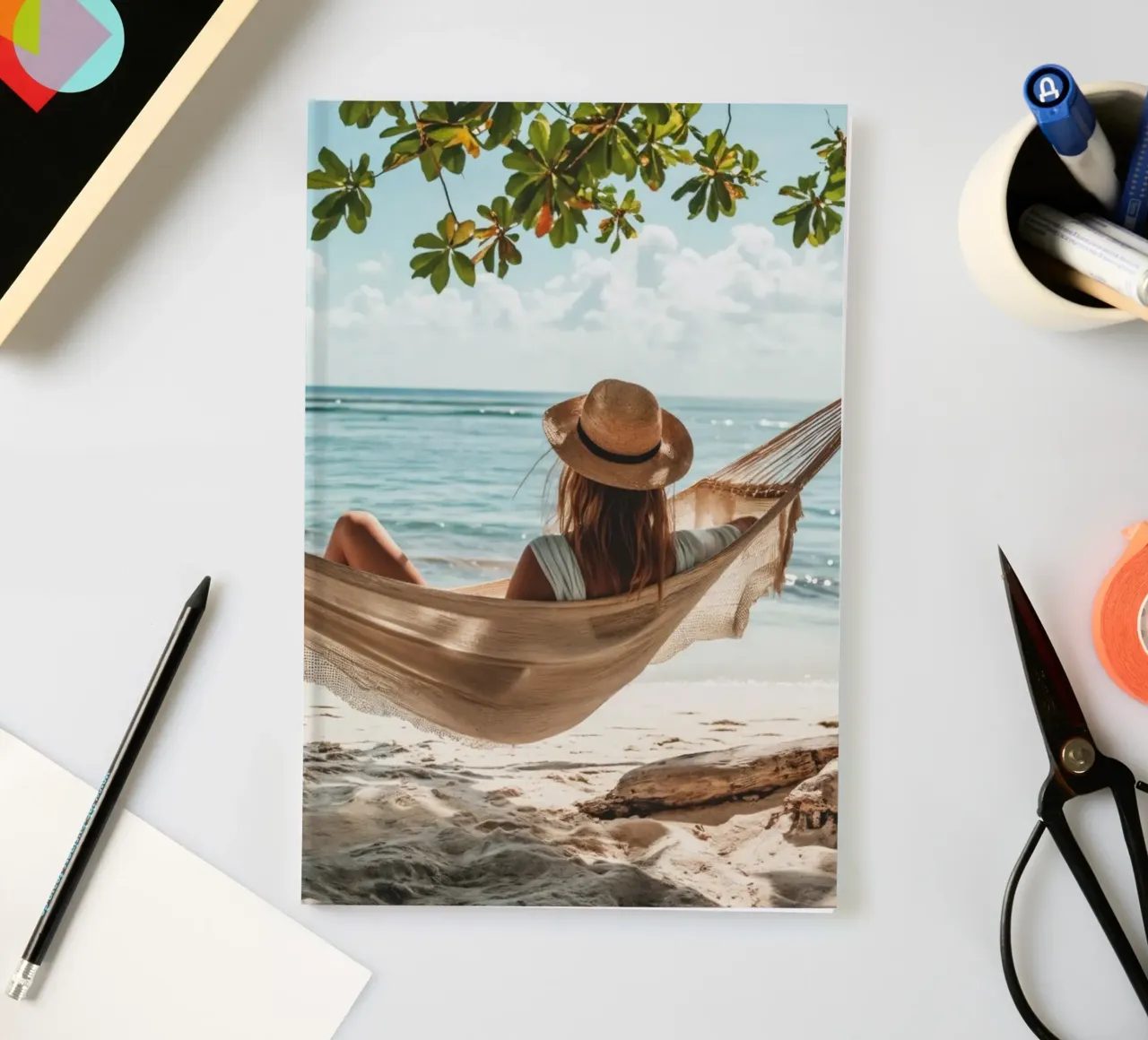 Woman Relaxing in Hammock by the Beach notebook by Lisa Artifexia