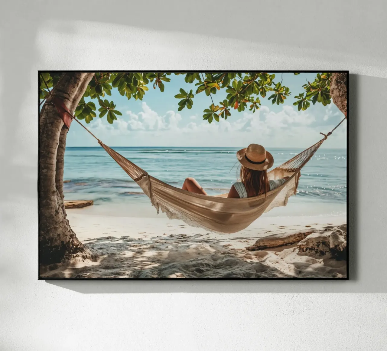 Frau entspannt sich in Hängematte am Strand Acryl-Glas von Lisa Artifexia