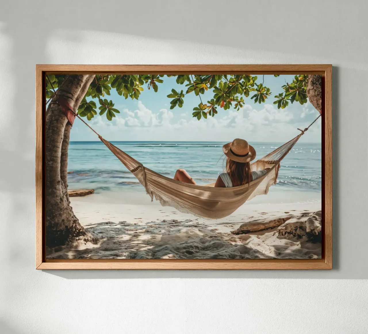 Woman Relaxing in Hammock by the Beach canvas with Floater frame by Lisa Artifexia