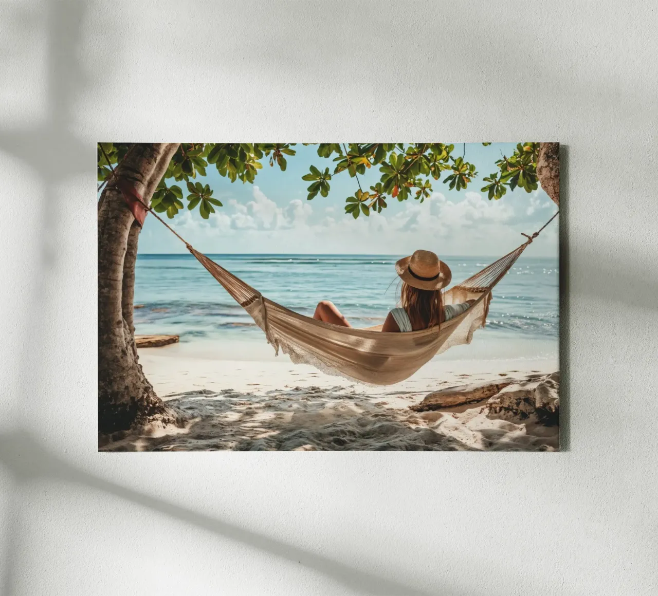 Woman Relaxing in Hammock by the Beach canvas with Floater frame by Lisa Artifexia