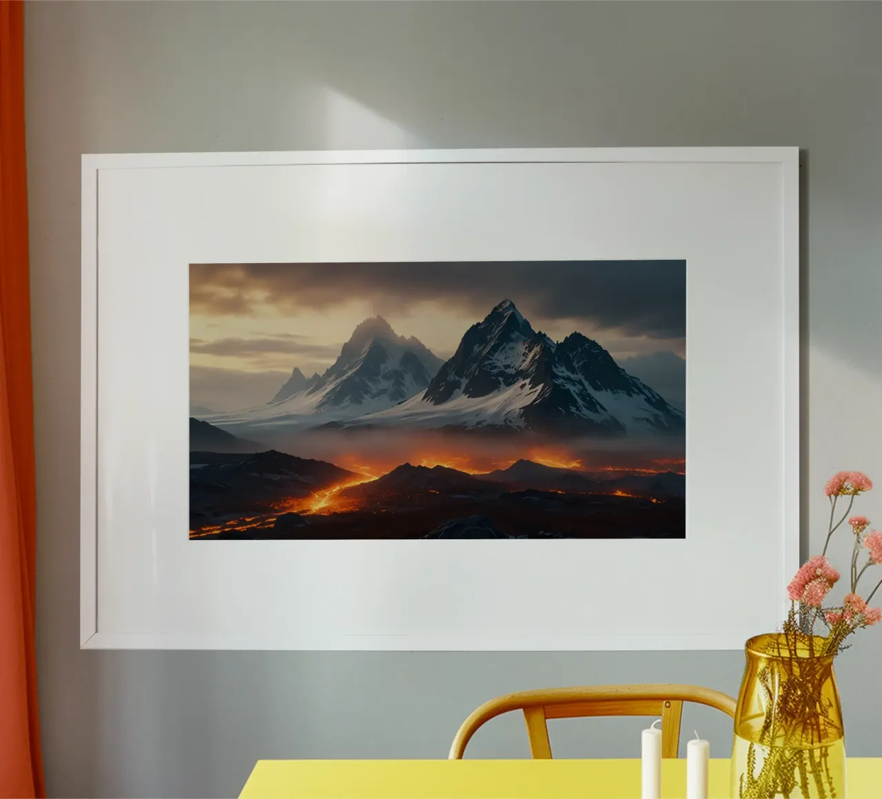Montagne maestose incombono su un fiume di lava incandescente al tramonto poster da DesignDoodle