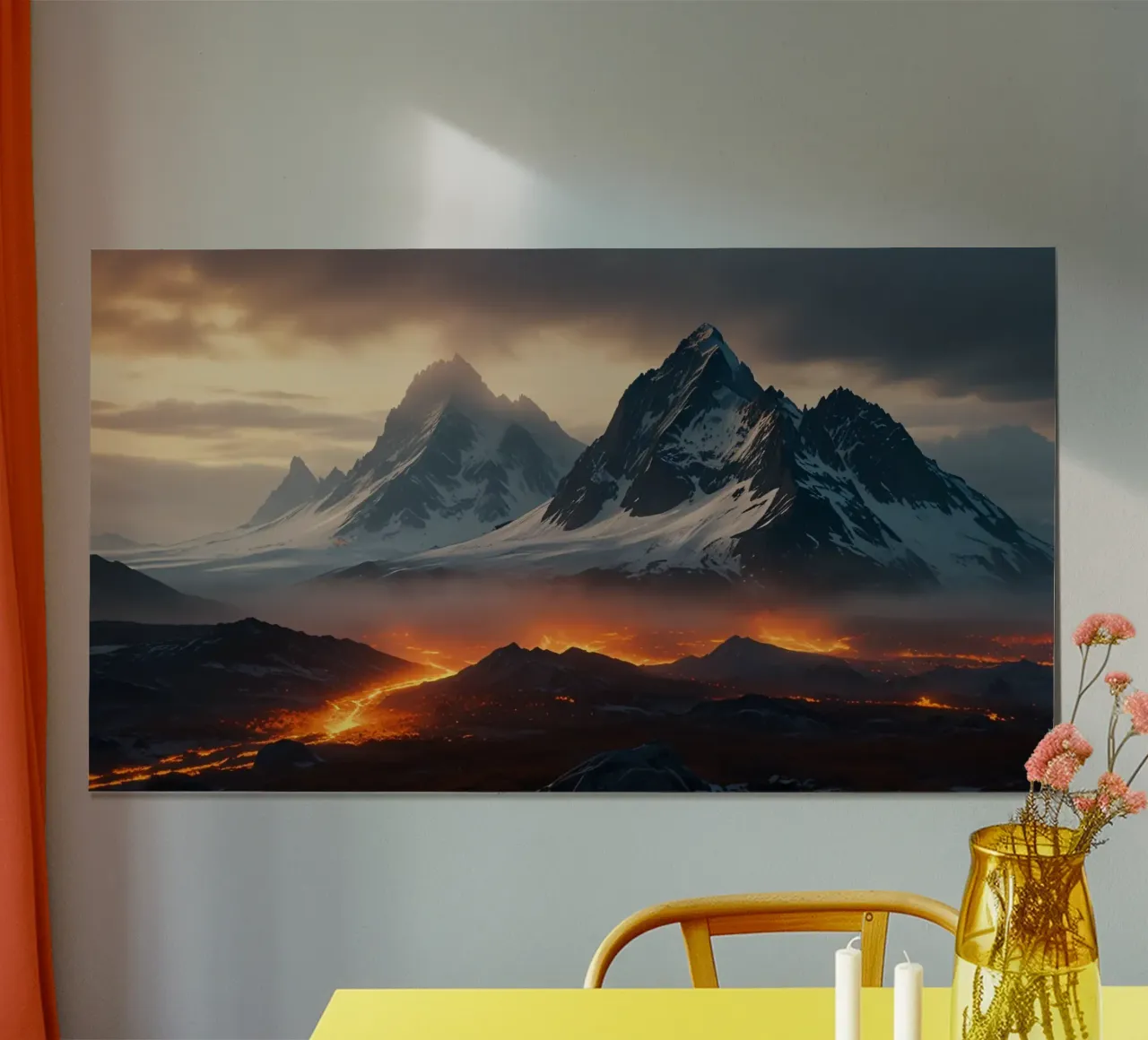 Montagne maestose incombono su un fiume di lava incandescente al tramonto poster da DesignDoodle