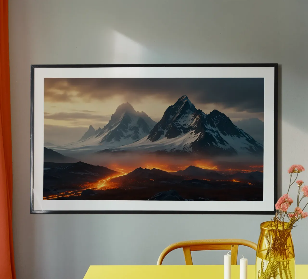 Montagne maestose incombono su un fiume di lava incandescente al tramonto poster da DesignDoodle
