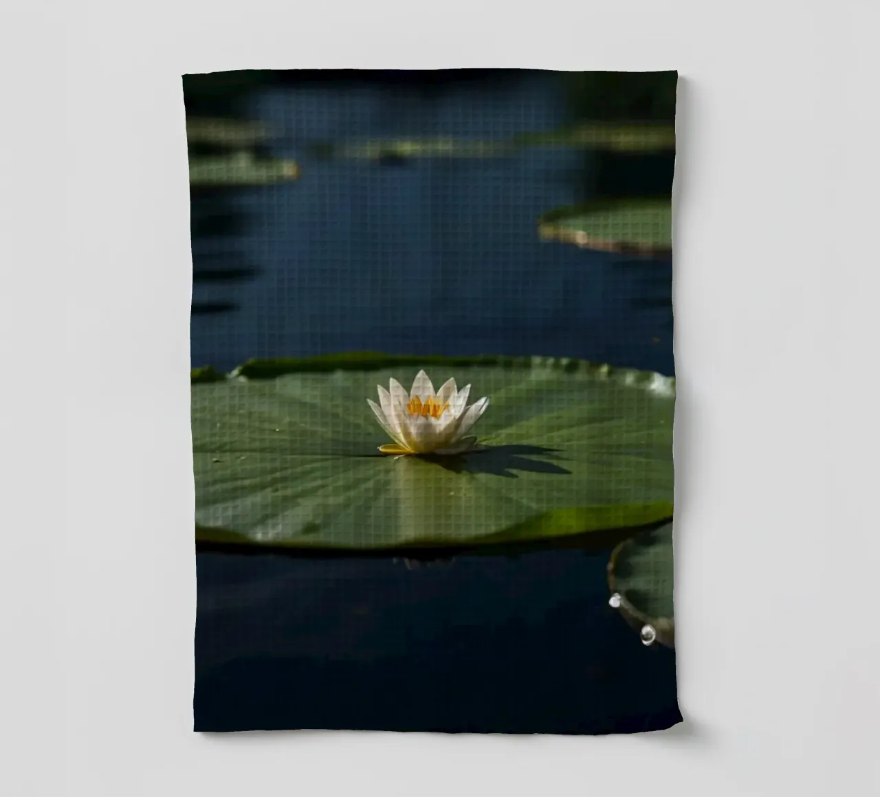 mooie witte lotusbloem rust bovenop groot groen lelieblad theedoek van DesignDoodle