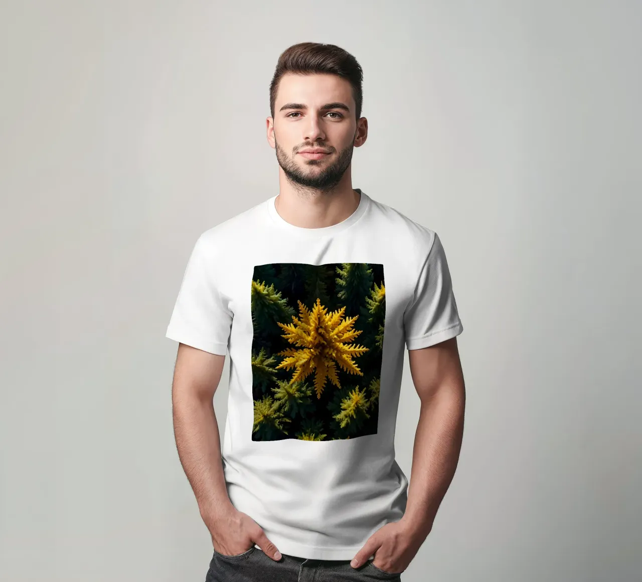 L'albero giallo spicca tra le conifere verdi e tranquille. t-shirt da DesignDoodle