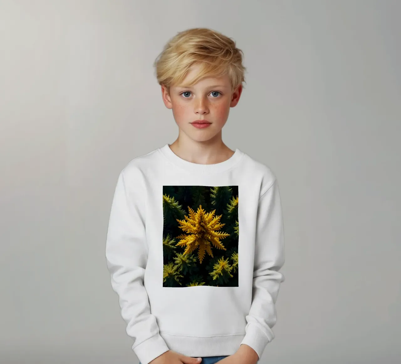 L'albero giallo spicca tra le conifere verdi e tranquille. felpa bambino da DesignDoodle