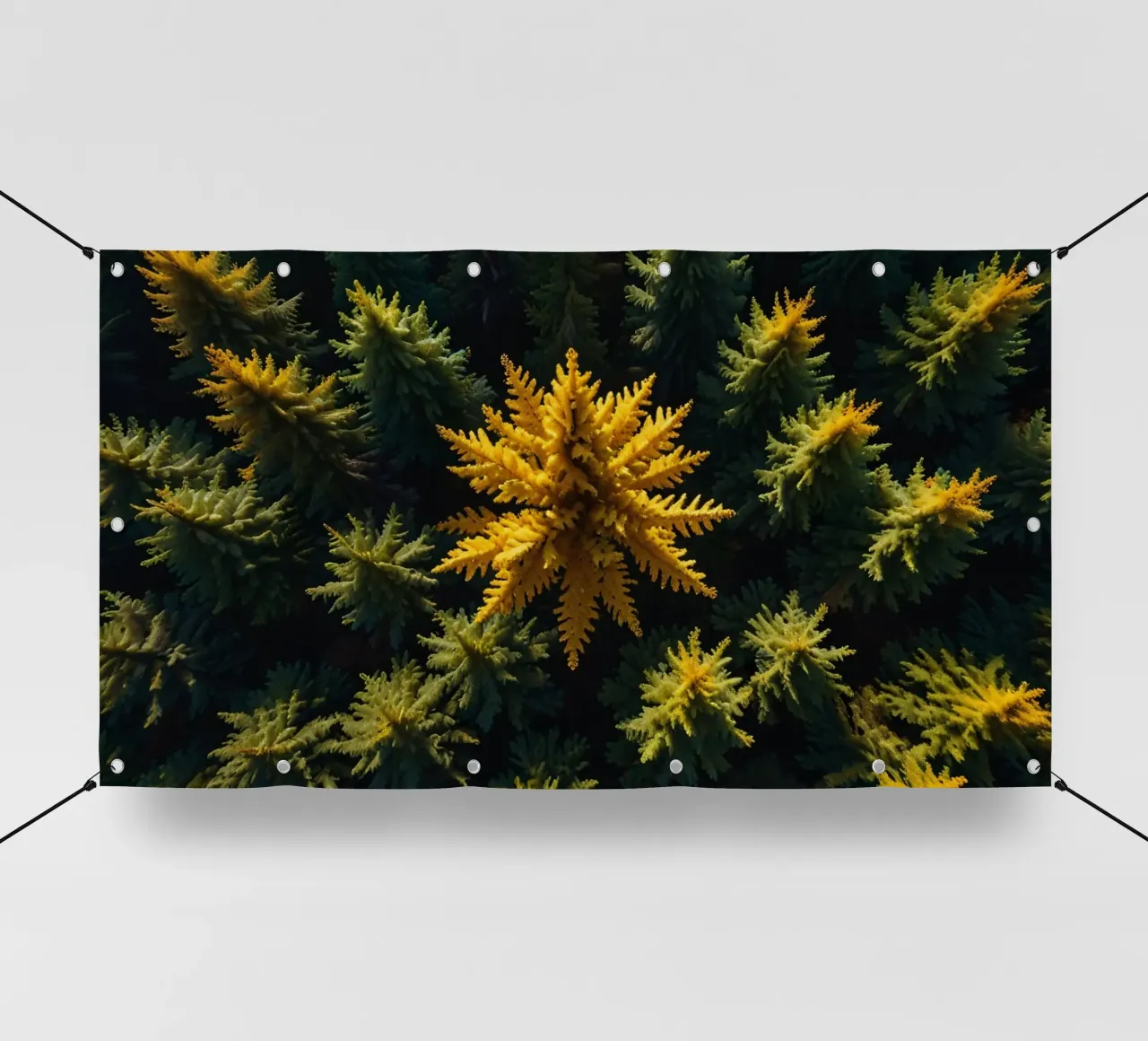 L'albero giallo spicca tra le conifere verdi e tranquille. telo in pvc da DesignDoodle