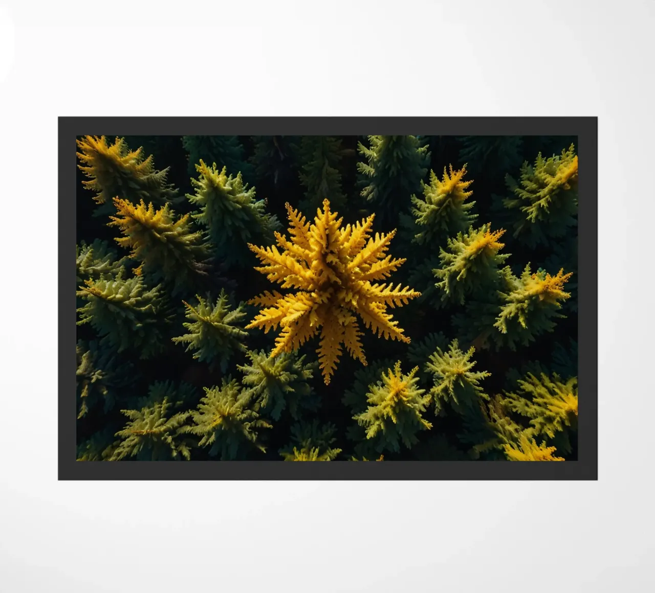 L'albero giallo spicca tra le conifere verdi e tranquille. zerbino da DesignDoodle