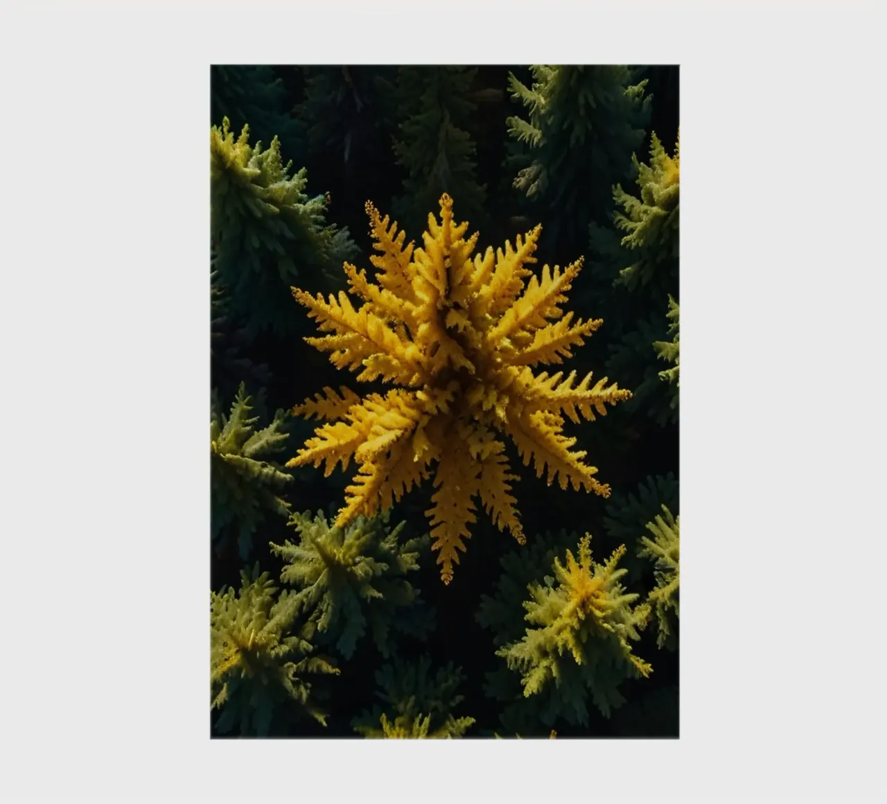 L'arbre jaune se distingue parmi les conifères verdoyants. carnet de notes de DesignDoodle