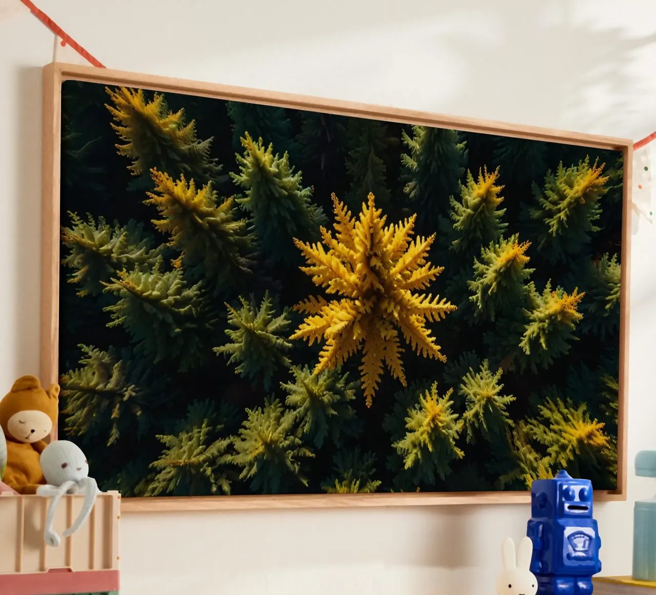 L'albero giallo spicca tra le conifere verdi e tranquille. tela con Cornice a cassetta da DesignDoodle