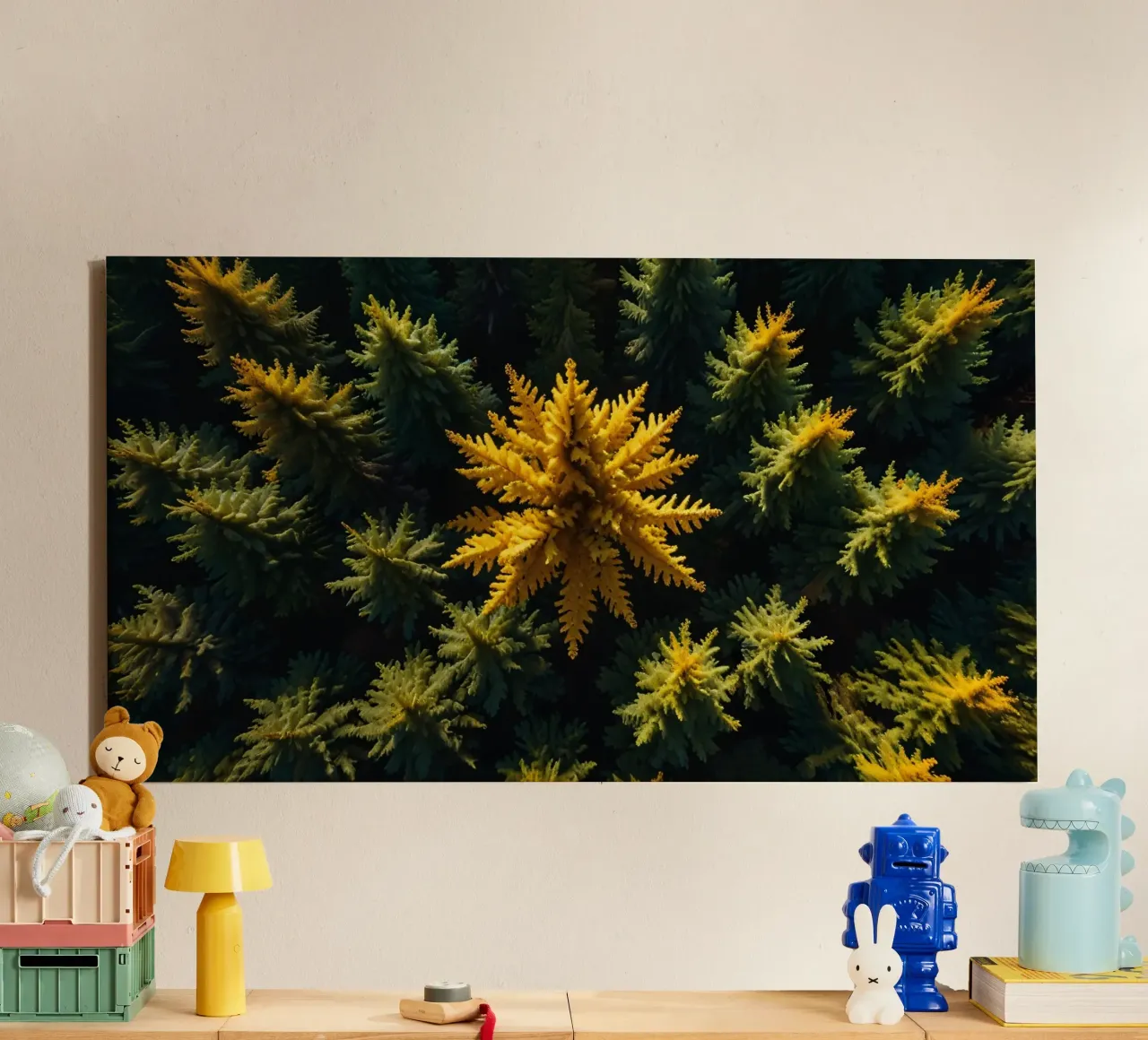 L'albero giallo spicca tra le conifere verdi e tranquille. tela con Cornice a cassetta da DesignDoodle
