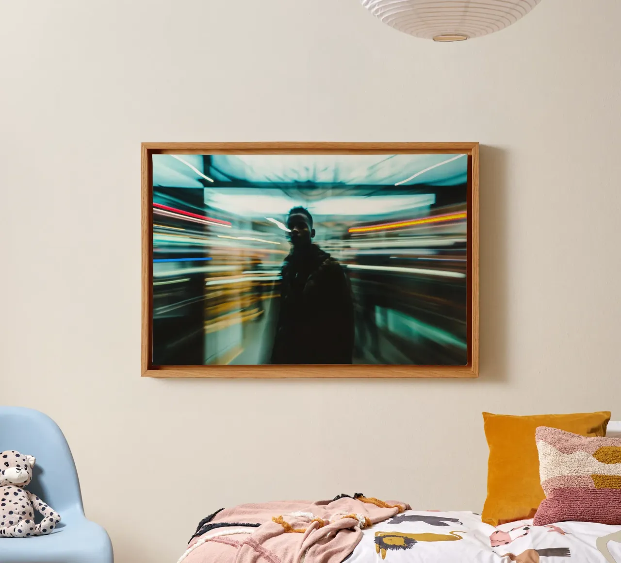 Man silhouette in blurred Lights in Motion canvas with Floater frame by Lisa Artifexia