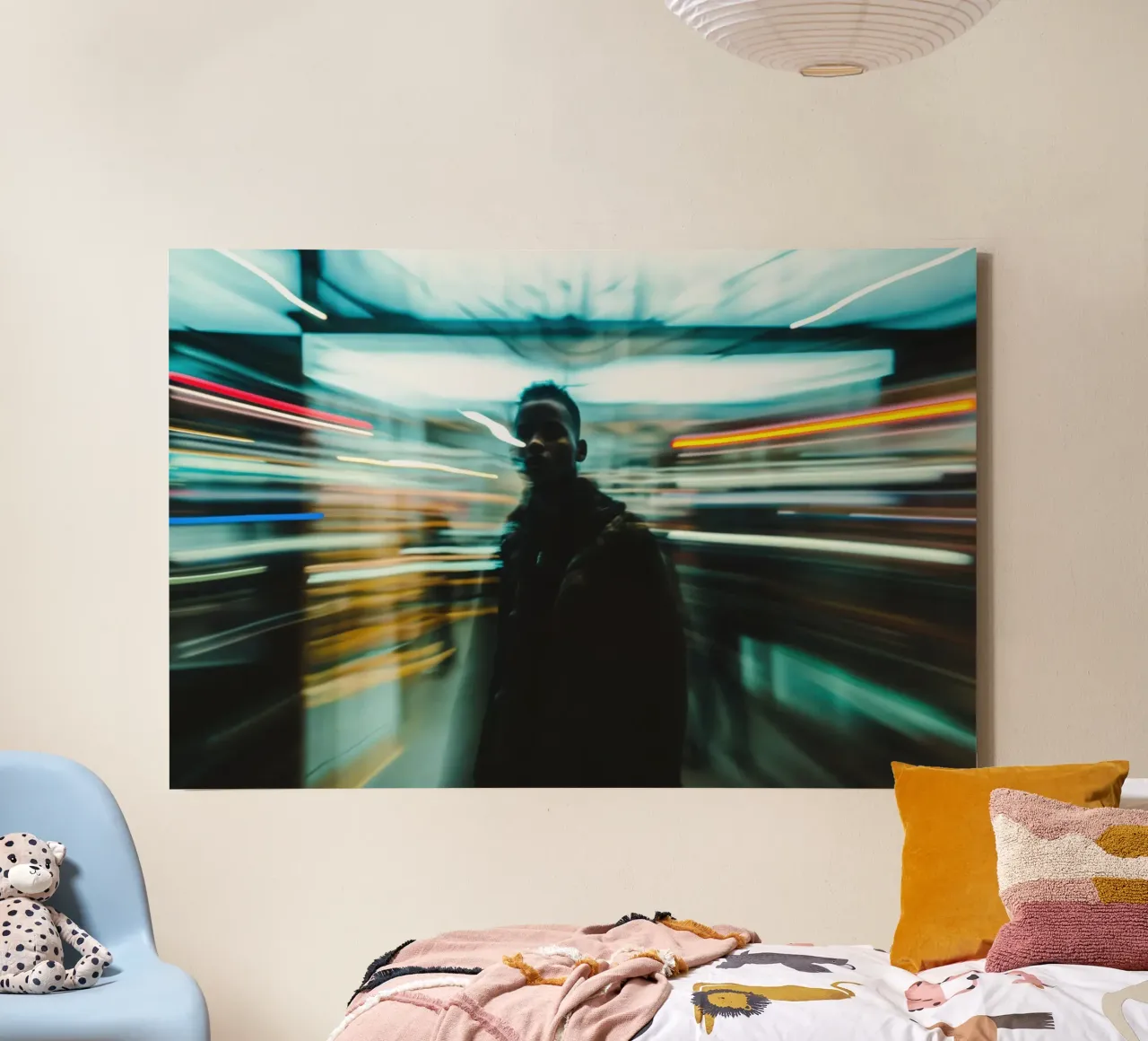 Man silhouette in blurred Lights in Motion canvas with Floater frame by Lisa Artifexia